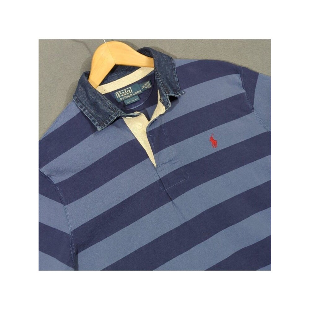 Polo Ralph Lauren Rugby Shirt Mens XL Blue Striped Custom Fit Long Sleeve Preppy